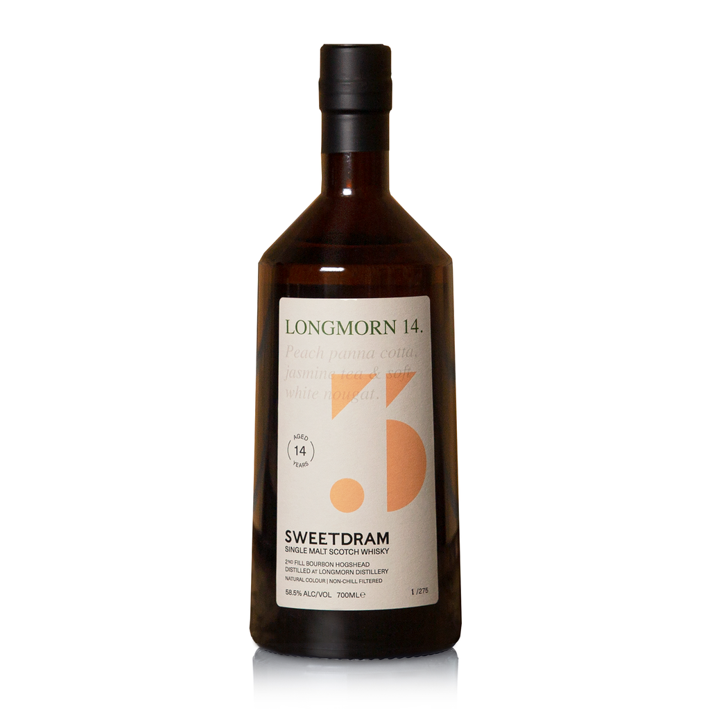Longmorn 14 bottle against white background. Dram logo on label is peachy coloured.